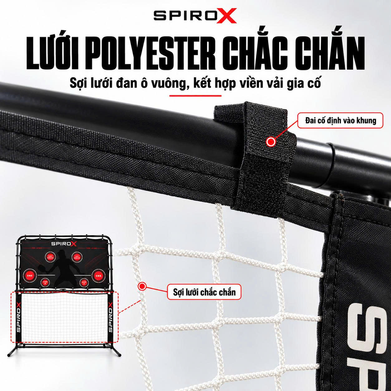 Bộ Khung Lưới Phản Bóng Pickleball SpiroX Chính Hãng - 2in1 - Mặt Lưới Phản Hồi Cao - Khung Hợp Kim Cứng Cáp - Tiện Lợi
